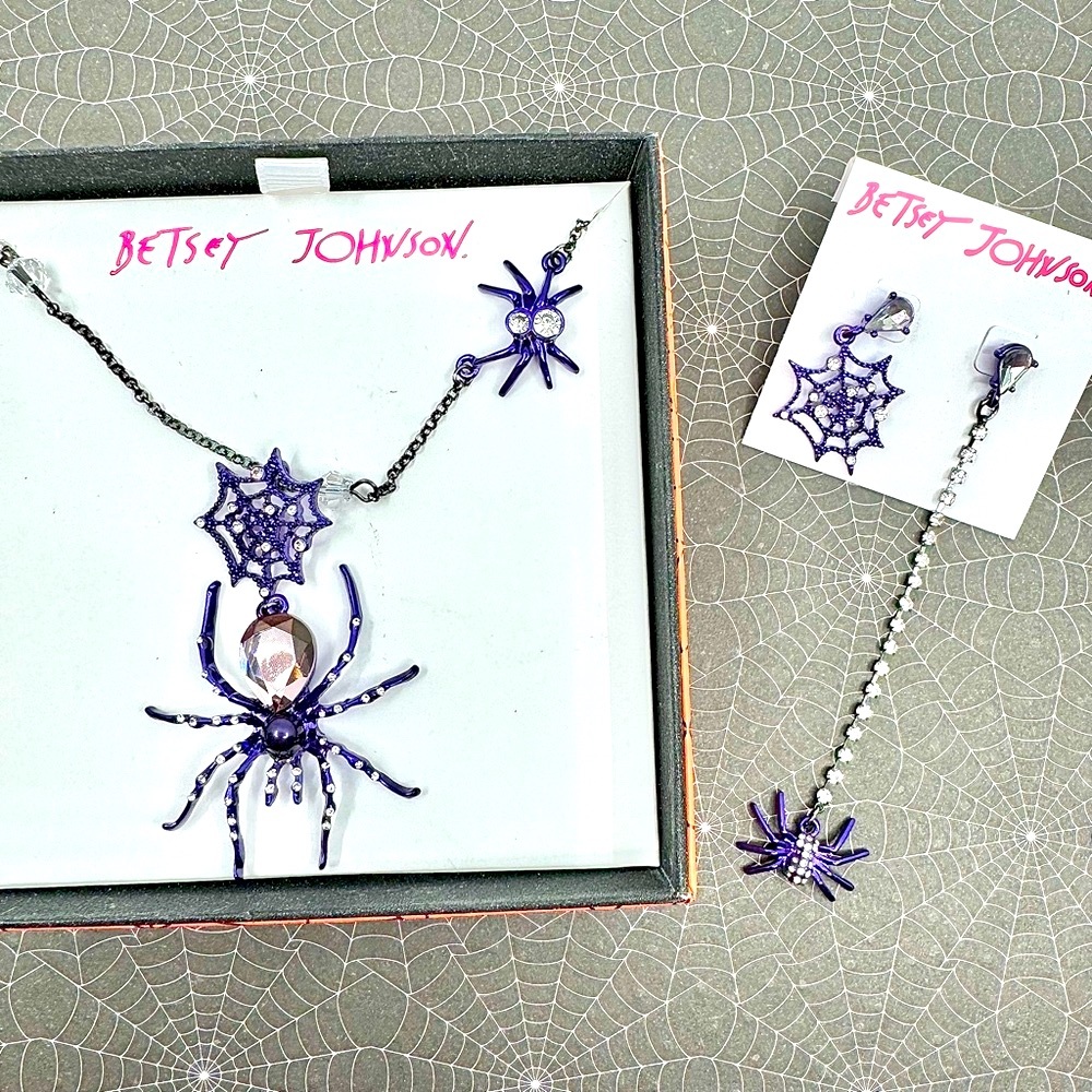 Betsey Johnson ‘Rich Witch’ Purple Spider/Web Necklace & Earring Set  NWT!